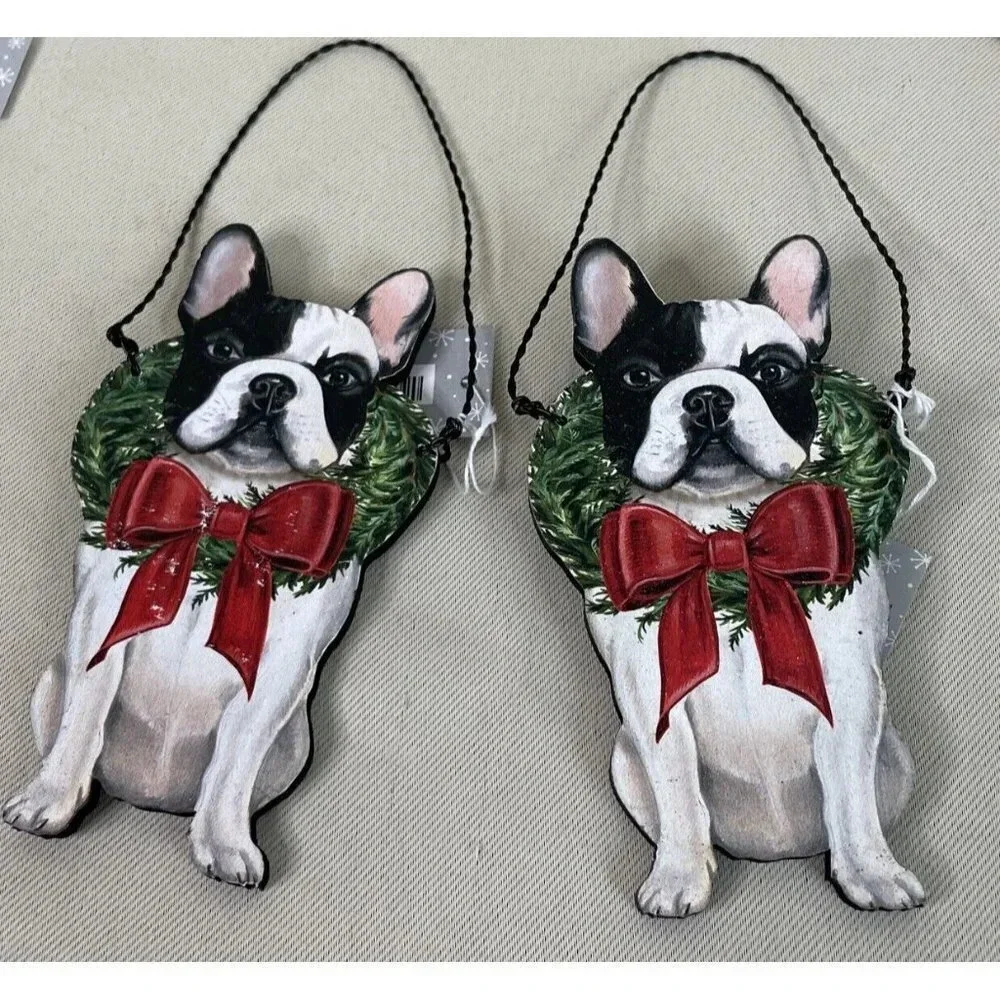 Boston Terrier Wreath Bow Dog Holiday Christmas Wood Ornament Wire Hanger 2 NEW